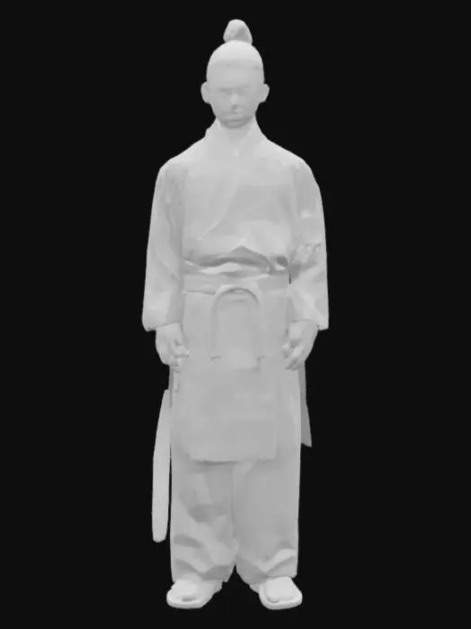 3D model for A Korean young man, seen in a dignified upright posture, is clad in a traditional black hanbok that appears to be made of a finely textured, dark fabric with a soft, uniform drape and gold drawings as the top pattern. A distinct, slightly raised scar traverses the left side of his face, contrasting with the smooth skin of his features. Has a bionic implant in his neck. The hilt of a sheathed katana, crafted with a dark, polished wood scabbard, is visible at his hip, its presence firm and close. It is a imperial look combined with cyberpunk.