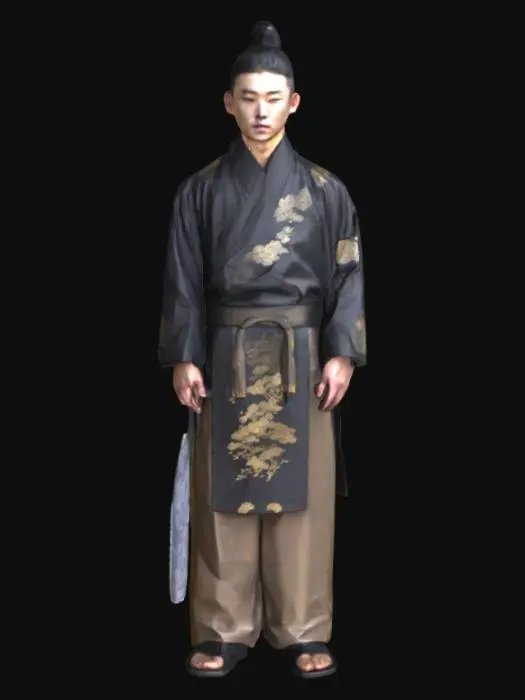 3D model for A Korean young man, seen in a dignified upright posture, is clad in a traditional black hanbok that appears to be made of a finely textured, dark fabric with a soft, uniform drape and gold drawings as the top pattern. A distinct, slightly raised scar traverses the left side of his face, contrasting with the smooth skin of his features. Has a bionic implant in his neck. The hilt of a sheathed katana, crafted with a dark, polished wood scabbard, is visible at his hip, its presence firm and close. It is a imperial look combined with cyberpunk.