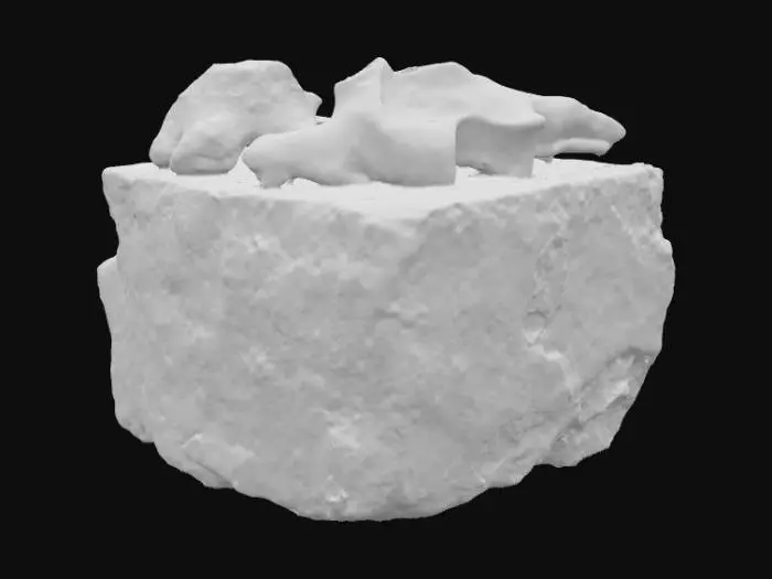 3D model for 3D model render of a stylized mineral asset, a cube of dark grey rock with large, white fossilized dinosaur bone fragments embedded and protruding from its surface, the bones are yellowed and ancient, stone and bone PBR textures, game-ready asset, cinematic studio lighting with a strong key light and soft rim light, centered, isolated on a solid black background, unreal engine render style, masterpiece --ar 1:1