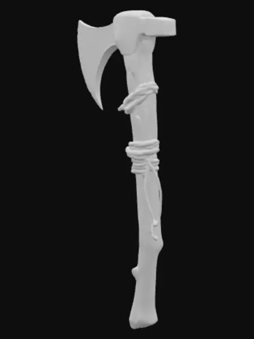 3D model for 3D model render of a stylized game tool, a primitive stone pickaxe. The handle is a gnarled, weathered wooden branch. The pickaxe head is a sharp, chipped piece of dark flint rock. The head is tied to the handle with thick, dried jungle vines. Fantasy, survival game asset, cinematic studio lighting, centered, isolated on a solid black background, unreal engine render style, masterpiece --ar 1:1
