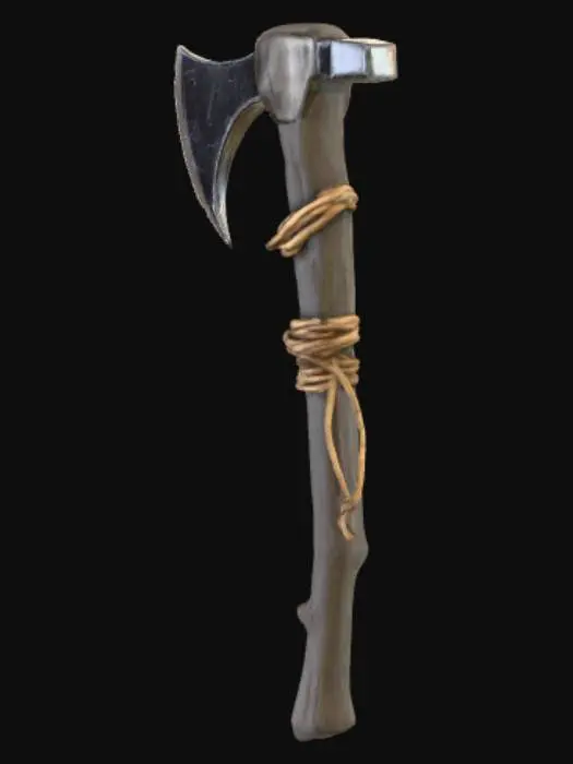 3D model for 3D model render of a stylized game tool, a primitive stone pickaxe. The handle is a gnarled, weathered wooden branch. The pickaxe head is a sharp, chipped piece of dark flint rock. The head is tied to the handle with thick, dried jungle vines. Fantasy, survival game asset, cinematic studio lighting, centered, isolated on a solid black background, unreal engine render style, masterpiece --ar 1:1

