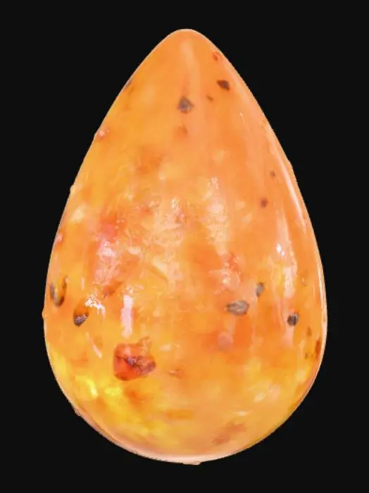 3D model for 3D model render of a stylized mineral asset, a large, polished teardrop-shaped piece of glowing orange amber, translucent resin material with subsurface scattering, you can clearly see ancient prehistoric insects (flies and mosquitos) trapped and frozen inside, game-ready asset, cinematic studio lighting with a strong key light and soft rim light creating beautiful refractions, centered, isolated on a solid black background, unreal engine render style, masterpiece --ar 1:1
