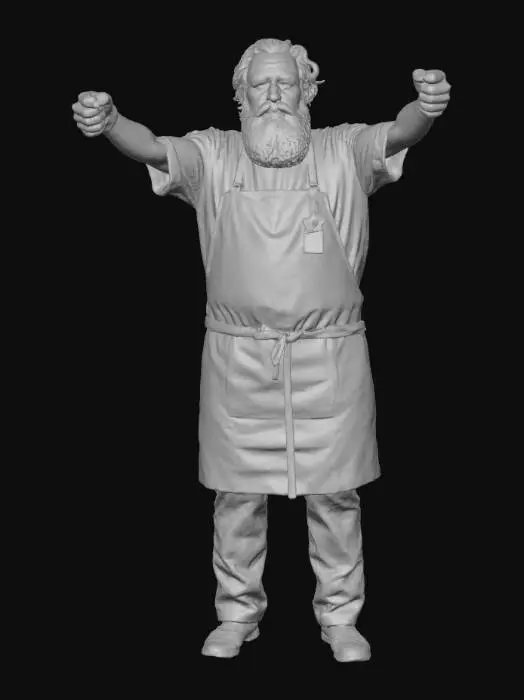 3D model for A T-posed young handsome male character model, a grizzled artist in his late 50s. He has a weary but soulful face, a thick beard, and paint-splattered hands. He is wearing a worn canvas apron over simple clothes. The art style is stylized, high-detail, cinematic animation quality, with hand-painted textures and strong, dramatic shadows (chiaroscuro lighting baked into texture). The model is ready for rigging.