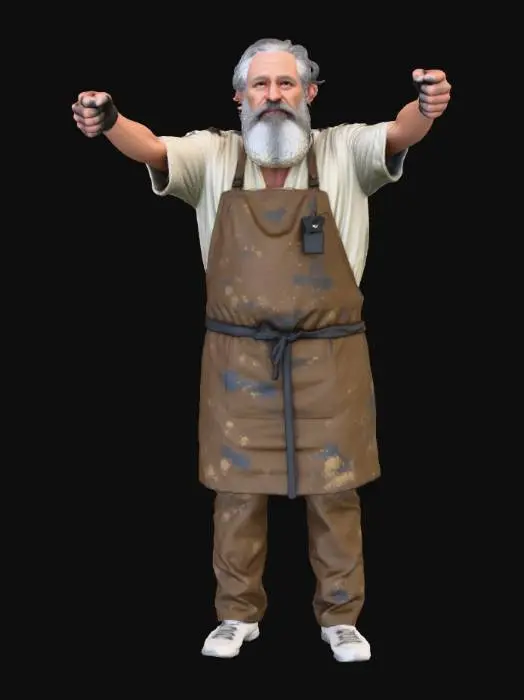 3D model for A T-posed young handsome male character model, a grizzled artist in his late 50s. He has a weary but soulful face, a thick beard, and paint-splattered hands. He is wearing a worn canvas apron over simple clothes. The art style is stylized, high-detail, cinematic animation quality, with hand-painted textures and strong, dramatic shadows (chiaroscuro lighting baked into texture). The model is ready for rigging.