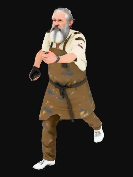 3D model for A T-posed young handsome male character model, a grizzled artist in his late 50s. He has a weary but soulful face, a thick beard, and paint-splattered hands. He is wearing a worn canvas apron over simple clothes. The art style is stylized, high-detail, cinematic animation quality, with hand-painted textures and strong, dramatic shadows (chiaroscuro lighting baked into texture). The model is ready for rigging.