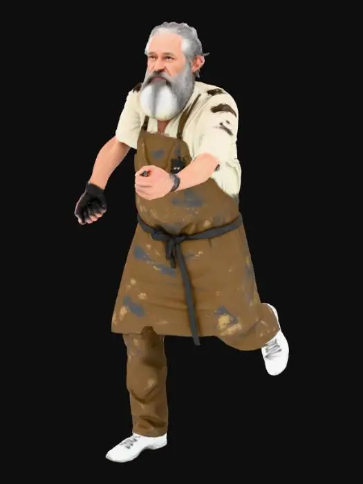 3D model for A T-posed young handsome male character model, a grizzled artist in his late 50s. He has a weary but soulful face, a thick beard, and paint-splattered hands. He is wearing a worn canvas apron over simple clothes. The art style is stylized, high-detail, cinematic animation quality, with hand-painted textures and strong, dramatic shadows (chiaroscuro lighting baked into texture). The model is ready for rigging.