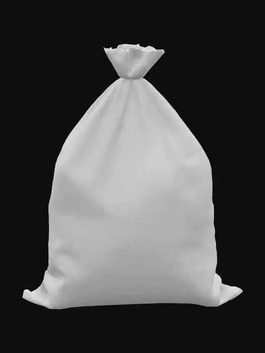 3D model for A single, discarded plastic grocery bag, tangled and flattened against a concrete surface. Its thin, translucent white plastic material is distinctly wrinkled and creased, with a clearly visible, faded blue and red supermarket logo that remains **perfectly readable** despite dirt. The texture is authentically crinkly and slightly sticky from grime, feeling brittle.