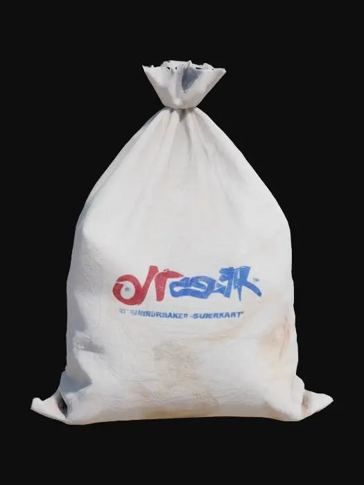 3D model for A single, discarded plastic grocery bag, tangled and flattened against a concrete surface. Its thin, translucent white plastic material is distinctly wrinkled and creased, with a clearly visible, faded blue and red supermarket logo that remains **perfectly readable** despite dirt. The texture is authentically crinkly and slightly sticky from grime, feeling brittle.