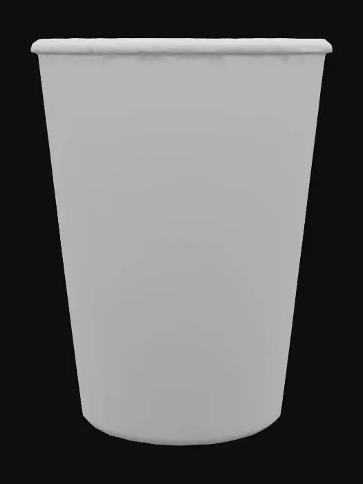 3D model for A flattened, soiled disposable coffee cup, its waxed paper body heavily creased and stained with dried coffee. The cylindrical shape is distorted into an uneven disc. Its surface is rough and crinkly. A distinct, faded brown and white corporate logo, along with a 'caution hot' warning, is perfectly readable despite the grime. The detached plastic lid is also visibly dirty and slightly cracked.