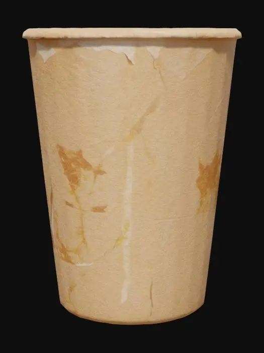 3D model for A flattened, soiled disposable coffee cup, its waxed paper body heavily creased and stained with dried coffee. The cylindrical shape is distorted into an uneven disc. Its surface is rough and crinkly. A distinct, faded brown and white corporate logo, along with a 'caution hot' warning, is perfectly readable despite the grime. The detached plastic lid is also visibly dirty and slightly cracked.