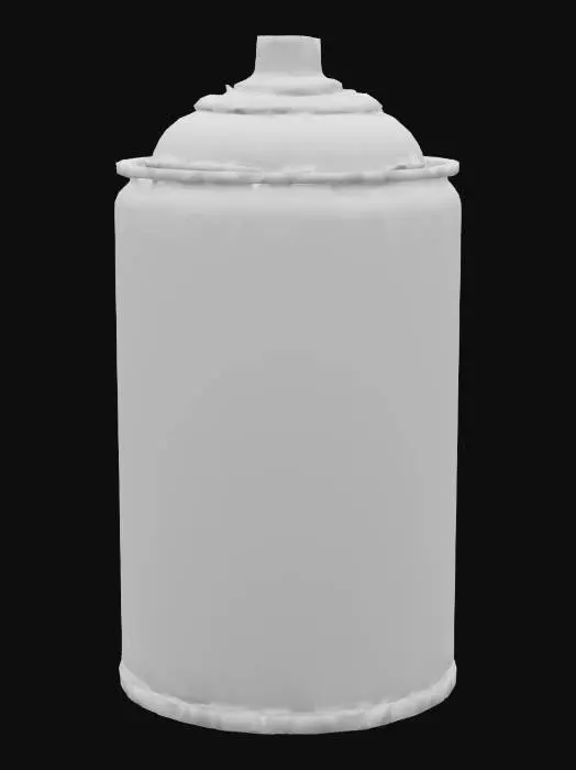 3D model for A partially crushed, empty spray paint can, matte black with paint clearly chipped in places, revealing the dull silver metal beneath. Its surface is precisely scratched and dented, featuring a perfectly readable, worn but distinct white label or brand name text. The top and bottom are visibly deformed, and the nozzle is missing. The material is thin metal, cold and dry to the touch, with a fine layer of dust.