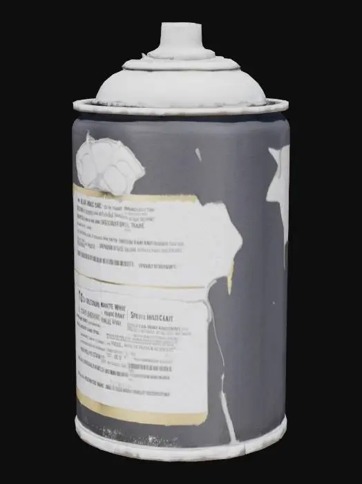 3D model for A partially crushed, empty spray paint can, matte black with paint clearly chipped in places, revealing the dull silver metal beneath. Its surface is precisely scratched and dented, featuring a perfectly readable, worn but distinct white label or brand name text. The top and bottom are visibly deformed, and the nozzle is missing. The material is thin metal, cold and dry to the touch, with a fine layer of dust.