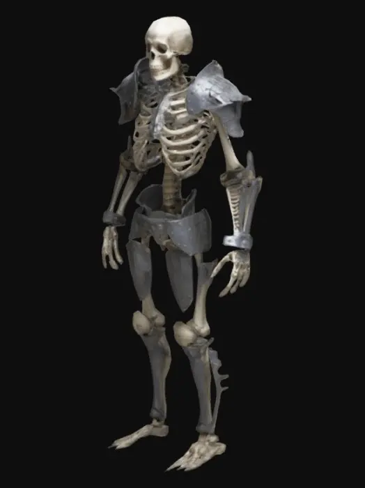 3D model for 全身武装盔甲的骷髅架子,头上没有头盔,手里没有武器