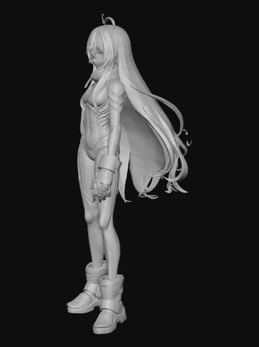 3D model for Full-body anime-style female character, adult, realistic anime proportions, slim athletic build. Long silver hair with light blue highlights, layered for flow and hair physics. Violet eyes, pale smooth skin, symmetrical expressive face with blendshape-ready topology. Anatomically complete base body. Wearing futuristic black-and-blue bikini-style combat outfit with glowing energy lines, armored boots and gloves. Modular removable clothing meshes with additional outfits: casual shorts/top, tracksuit, bikine. Neutral standing pose, relaxed arms, calm confident expression. Fully rigged humanoid with IK, standard bone naming. Separate hair and clothes for physics. Clean quad topology, manifold mesh, high-quality UVs, PBR, cel-shaded anime style. Game-ready for Blender to Unity. No weapons,