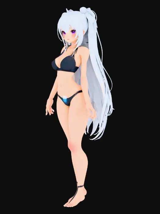 3D model for Full-body anime-style female character, young adult (18+), slim athletic build, height ~165cm, narrow shoulders, balanced proportions, bust-waist-hips approx 82-58-84, small to medium bust, long legs, smooth deformation-friendly anatomy; cute anime face with large violet eyes, soft pale skin, small nose and mouth, symmetrical features; long silver hair with light blue highlights, smooth flowing strands; wearing a simple futuristic black-and-blue bikini only with subtle glowing accents; neutral standing pose, relaxed arms, calm confident expression; clean cel-shaded anime style, quad topology, manifold mesh, high-quality UVs, PBR textures, game-ready, no weapons, no extreme pose.