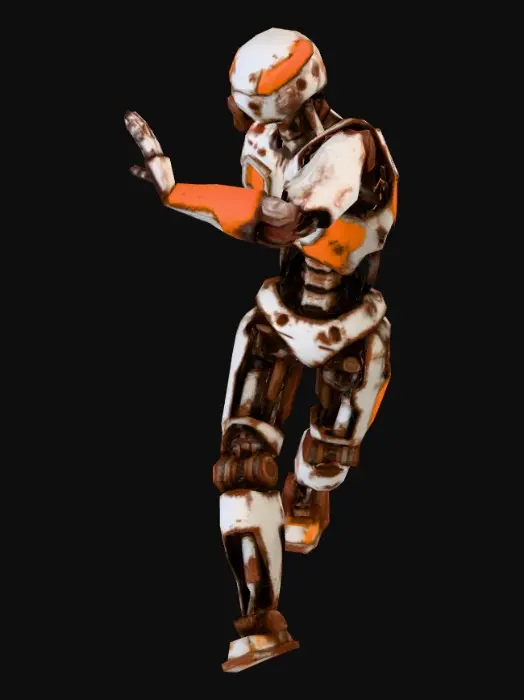 3D model for I want you create a humanoid robot with legs and arms, add rust, it stand in t-pose, it has exoskeleton with metal details. Do it white-orange with a spots of rust