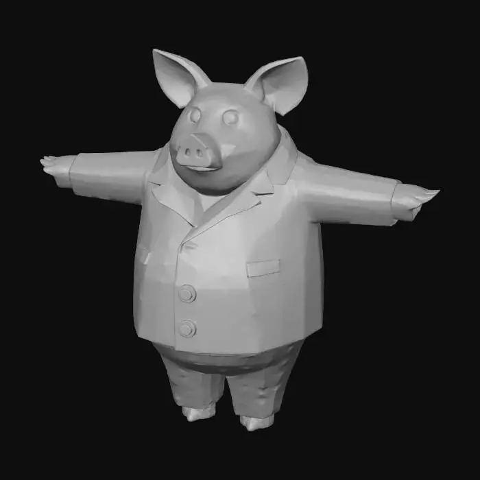 3D model for I want to generate a humanoid pig. It stand on the ground uses its 2 legs. It wears a blue smoking. It has a hat-cylinder and monocle