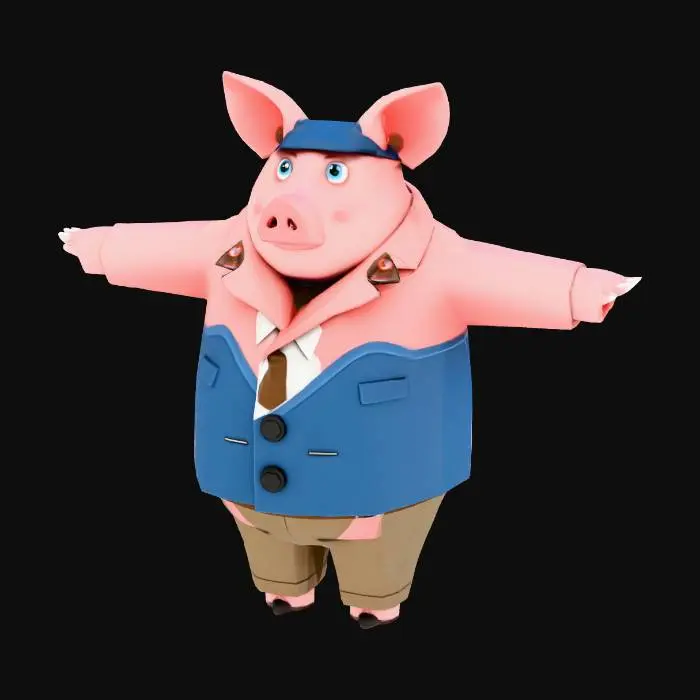 3D model for I want to generate a humanoid pig. It stand on the ground uses its 2 legs. It wears a blue smoking. It has a hat-cylinder and monocle