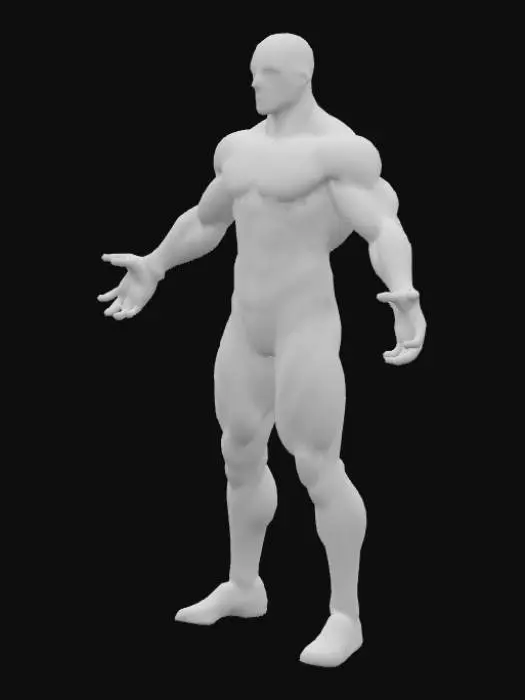 3D model for 3D realista high-poly, personaje masculino en T-pose frontal, cuerpo musculoso pero estilizado; cabello blanco brillante con reflejos plateados y ojos rojos intensos, rostro angular con mandíbula definida y mirada penetrante; traje futurista oscuro ceñido al torso con líneas geométricas luminosas azules, texturas metálicas mate y costuras visibles; brazaletes malditos de acero negro emitiendo tenue resplandor púrpura en antebrazos; manos con dedos alargados y articulaciones pronunciadas; pies enfundados en botines aerodinámicos; se alza sobre suelo de energía luminosa con entramado de circuitos, frente a plataforma holográfica flotante con símbolos digitálicos; fondo cyberpunk de neones azulados y arquitectura metálica retrofuturista; texturas PBR 4K, UV map limpio, topología optimizada 
