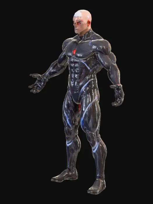 3D model for 3D realista high-poly, personaje masculino en T-pose frontal, cuerpo musculoso pero estilizado; cabello blanco brillante con reflejos plateados y ojos rojos intensos, rostro angular con mandíbula definida y mirada penetrante; traje futurista oscuro ceñido al torso con líneas geométricas luminosas azules, texturas metálicas mate y costuras visibles; brazaletes malditos de acero negro emitiendo tenue resplandor púrpura en antebrazos; manos con dedos alargados y articulaciones pronunciadas; pies enfundados en botines aerodinámicos; se alza sobre suelo de energía luminosa con entramado de circuitos, frente a plataforma holográfica flotante con símbolos digitálicos; fondo cyberpunk de neones azulados y arquitectura metálica retrofuturista; texturas PBR 4K, UV map limpio, topología optimizada 
