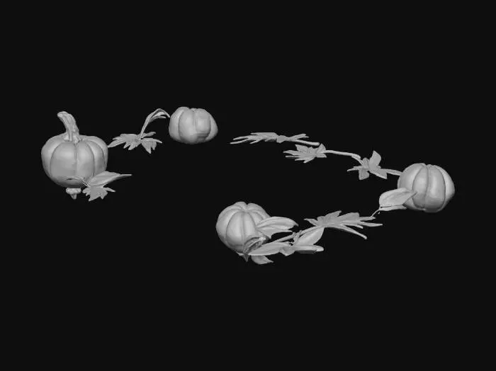 3D model for #Thanksgiving#, A minimalist Thanksgiving decoration, with a few autumn leaves and small pumpkins. Flat lay, top view, simple, clean design, high resolution.