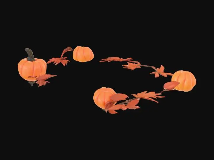 3D model for #Thanksgiving#, A minimalist Thanksgiving decoration, with a few autumn leaves and small pumpkins. Flat lay, top view, simple, clean design, high resolution.