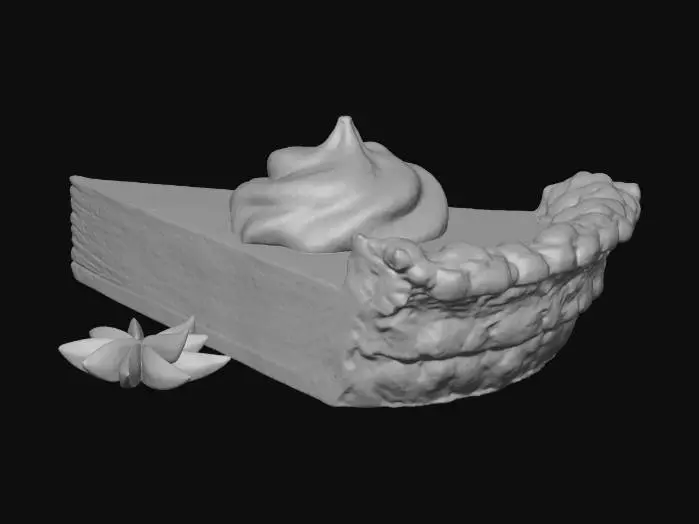 3D model for #Thanksgiving#, A slice of classic pumpkin pie on a white plate, topped with a dollop of whipped cream and a star anise, with a whole pumpkin pie slightly out of focus in the background. The scene is set on a rustic wooden table, adorned with autumn leaves. A cozy fireplace with a warm glow is visible in the soft-focused background, creating a warm and inviting Thanksgiving atmosphere. High-quality photography, shallow depth of field, warm lighting, hyperrealistic.