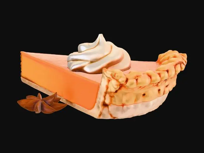 3D model for #Thanksgiving#, A slice of classic pumpkin pie on a white plate, topped with a dollop of whipped cream and a star anise, with a whole pumpkin pie slightly out of focus in the background. The scene is set on a rustic wooden table, adorned with autumn leaves. A cozy fireplace with a warm glow is visible in the soft-focused background, creating a warm and inviting Thanksgiving atmosphere. High-quality photography, shallow depth of field, warm lighting, hyperrealistic.