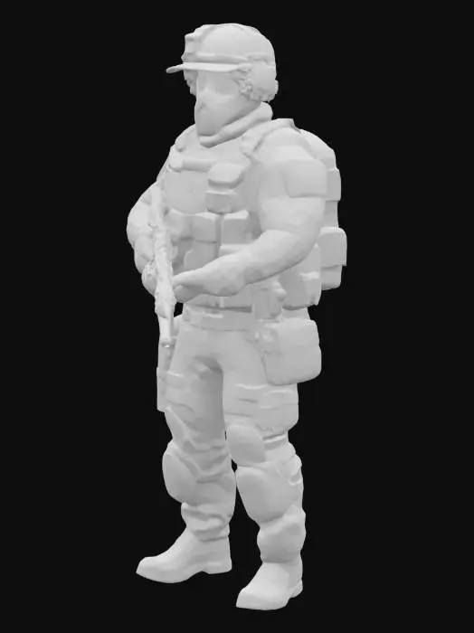 3D model for Realistic 3D model of a SWAT police officer wearing a tactical helmet with visor, body armor, and black combat uniform, holding an M4a1 assault rifle, standing in a dynamic pose, high detail