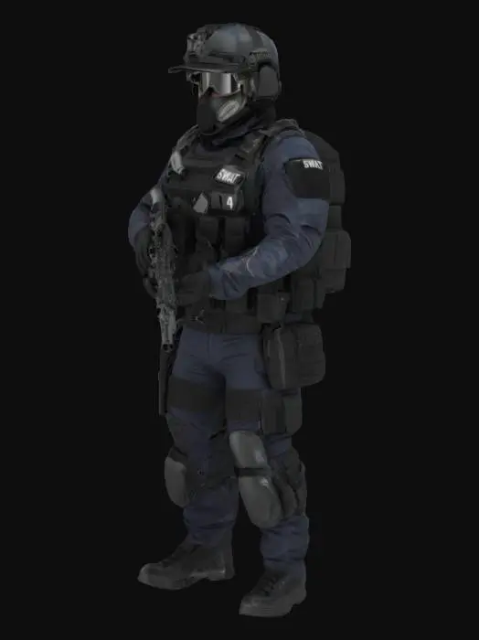 3D model for Realistic 3D model of a SWAT police officer wearing a tactical helmet with visor, body armor, and black combat uniform, holding an M4a1 assault rifle, standing in a dynamic pose, high detail