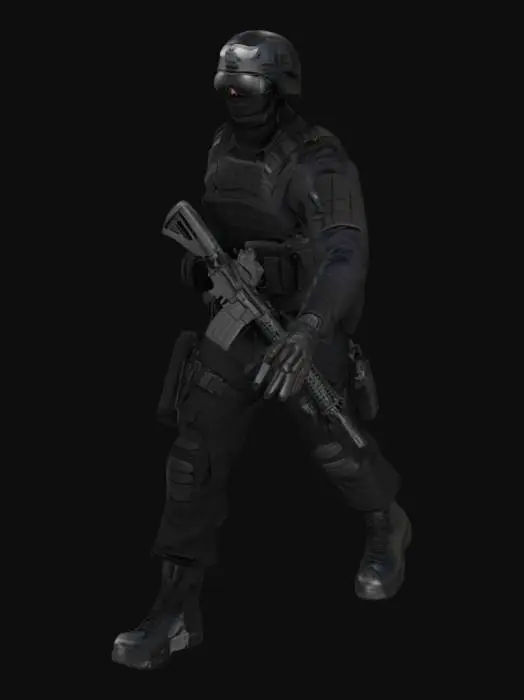3D model for Realistic 3D model of a SWAT police officer wearing a tactical helmet with sun glasses, body armor, and black combat uniform, holding an M4a1 assault rifle, standing in a t pose, high detail, no backpack

