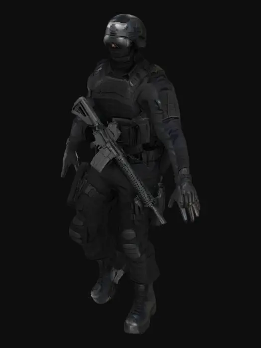 3D model for Realistic 3D model of a SWAT police officer wearing a tactical helmet with sun glasses, body armor, and black combat uniform, holding an M4a1 assault rifle, standing in a t pose, high detail, no backpack
