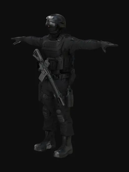 3D model for Realistic 3D model of a SWAT police officer wearing a tactical helmet with sun glasses, body armor, and black combat uniform, holding an M4a1 assault rifle, standing in a t pose, high detail, no backpack

