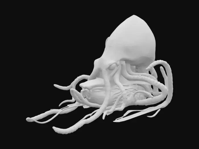 3D model for Sculpt a highly detailed 3D model of a colossal, mythological giant squid emerging from a stormy ocean.#ocean#. The creature has massive, muscular tentacles coiling around and crushing a large wooden sailing ship. Its rough skin is covered in ancient runic markings that glow faint blue. Model enormous, intelligent eyes glaring menacingly. Include broken masts, splintered planks, and scattered debris in the water. Create realistic textures for wet skin, barnacles, and weathered wood. Use cinematic lighting with lightning flashes and dark clouds to enhance the drama. Pose the squid dynamically, mid-attack.