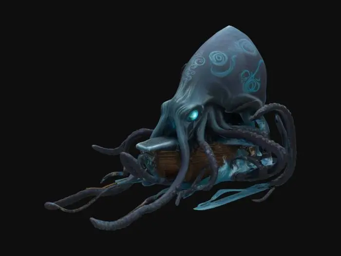 3D model for Sculpt a highly detailed 3D model of a colossal, mythological giant squid emerging from a stormy ocean.#ocean#. The creature has massive, muscular tentacles coiling around and crushing a large wooden sailing ship. Its rough skin is covered in ancient runic markings that glow faint blue. Model enormous, intelligent eyes glaring menacingly. Include broken masts, splintered planks, and scattered debris in the water. Create realistic textures for wet skin, barnacles, and weathered wood. Use cinematic lighting with lightning flashes and dark clouds to enhance the drama. Pose the squid dynamically, mid-attack.