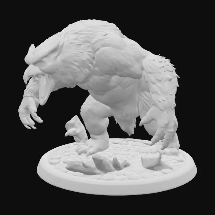 3D model for Create a 32mm scale heroic-style Owlbear miniature for 3D printing. The creature is a fierce blend of owl and bear, with a feathered head, hooked beak, and muscular fur-covered body. It stands roaring on hind legs, front claws raised in an aggressive pose. Emphasize bold detail, deep cuts, and exaggerated features for clarity at small scale. Include a scenic base (rocks, broken branches, or bones). Model should be watertight, print-ready for SLA or FDM, with no fragile floating parts or extreme overhangs. No T-pose; ensure balance and stability for printing.
