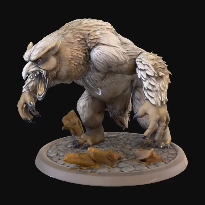 3D model for Create a 32mm scale heroic-style Owlbear miniature for 3D printing. The creature is a fierce blend of owl and bear, with a feathered head, hooked beak, and muscular fur-covered body. It stands roaring on hind legs, front claws raised in an aggressive pose. Emphasize bold detail, deep cuts, and exaggerated features for clarity at small scale. Include a scenic base (rocks, broken branches, or bones). Model should be watertight, print-ready for SLA or FDM, with no fragile floating parts or extreme overhangs. No T-pose; ensure balance and stability for printing.
