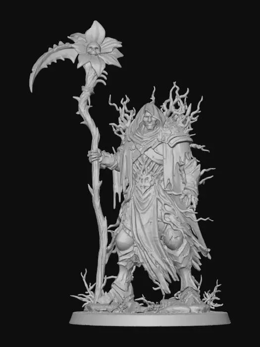 3D model for une figurine style Warhammer (avec le socle), représentant “le Déchu” — un homme corrompu par une graine plantée dans son cœur. Les racines se sont propagées à l’intérieur et sur son corps, fusionnant chair, os et vêtements en une forme végétale sombre. Sous sa capuche, ses yeux brillent d’une lueur émeraude spectrale. Il tient une faux faite de bois et d’os, lame longue et usée. Au sommet pousse une fleur noire dont le centre est un crâne humain fusionné aux pétales, irradiant une faible lumière verte.  posture lourde et silencieuse, ambiance dark fantasy.
