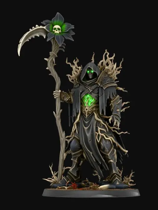 3D model for une figurine style Warhammer (avec le socle), représentant “le Déchu” — un homme corrompu par une graine plantée dans son cœur. Les racines se sont propagées à l’intérieur et sur son corps, fusionnant chair, os et vêtements en une forme végétale sombre. Sous sa capuche, ses yeux brillent d’une lueur émeraude spectrale. Il tient une faux faite de bois et d’os, lame longue et usée. Au sommet pousse une fleur noire dont le centre est un crâne humain fusionné aux pétales, irradiant une faible lumière verte.  posture lourde et silencieuse, ambiance dark fantasy.