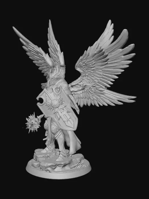3D model for figurine , un séraphin avec trois paires d'ailes en aura divine, on doit bien voir les 3 paire d'ailes, il est en armure fine blanche avec des gravures rayonnantes de la lumières divine , un casque à la façon hellgate london, c'est un protecteur divin, d'une main il a un bouclier et de l'autre une masse , style Warhammer.