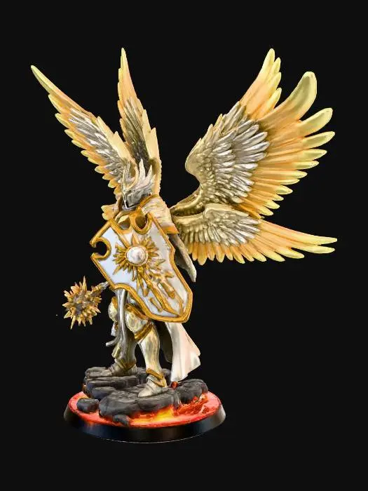 3D model for figurine , un séraphin avec trois paires d'ailes en aura divine, on doit bien voir les 3 paire d'ailes, il est en armure fine blanche avec des gravures rayonnantes de la lumières divine , un casque à la façon hellgate london, c'est un protecteur divin, d'une main il a un bouclier et de l'autre une masse , style Warhammer.