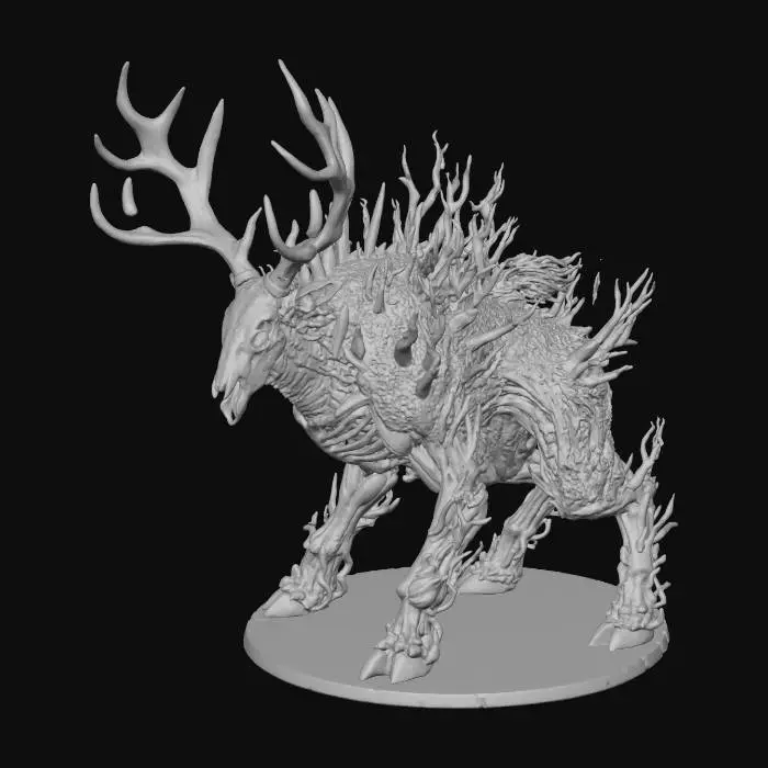3D model for figurine , un monstre, avec pour tete un crane de cerf avec de grand bois, au fond des orifices des yeux une aura verte, le corp est mi squelette et il est remplit de végétal , comme si une plante prenait le control du corp, il est sur ses 4 pates, elles sont faites de grosse racine fini par des sabot
, il est imposant , style Warhammer .