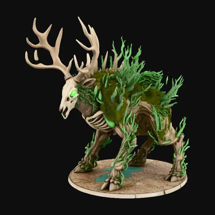 3D model for figurine , un monstre, avec pour tete un crane de cerf avec de grand bois, au fond des orifices des yeux une aura verte, le corp est mi squelette et il est remplit de végétal , comme si une plante prenait le control du corp, il est sur ses 4 pates, elles sont faites de grosse racine fini par des sabot
, il est imposant , style Warhammer .