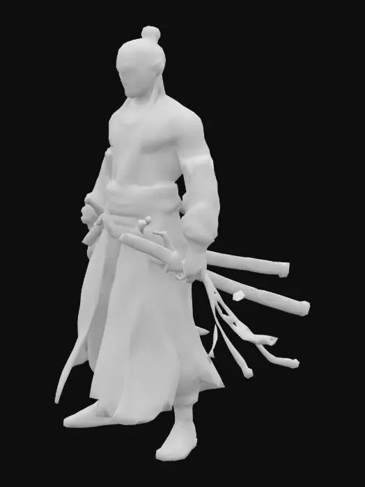 3D model for Low-poly human enemy for Roblox, inspired by xianxia (Chinese cultivation fantasy). Stylized character with long robes, cloth belts, spiritual talismans, and glowing eyes. May have scars, mystical tattoos, or energy cracks on the skin. Hair tied in topknot or loose and flowing. Each model should look different: one could look like a corrupted elder, another like a rogue cultivator with a broken sword, and another with a dark aura and cloth mask. Avoid ninja-like outfits. Optimized for Roblox Studio.