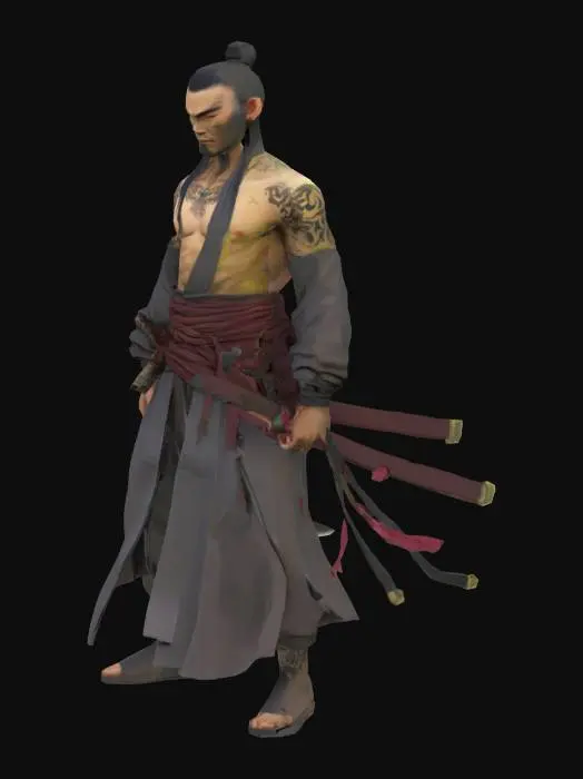 3D model for Low-poly human enemy for Roblox, inspired by xianxia (Chinese cultivation fantasy). Stylized character with long robes, cloth belts, spiritual talismans, and glowing eyes. May have scars, mystical tattoos, or energy cracks on the skin. Hair tied in topknot or loose and flowing. Each model should look different: one could look like a corrupted elder, another like a rogue cultivator with a broken sword, and another with a dark aura and cloth mask. Avoid ninja-like outfits. Optimized for Roblox Studio.