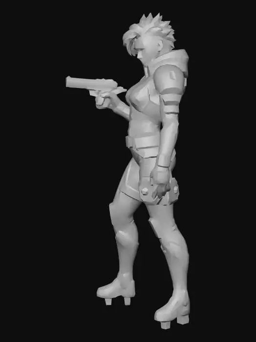 3D model for A full-body 3D model of a tall female sci-fi engineer, age 25, height 190 cm, athletic and tough build with spikey violet hair. 
Wearing industrialorange rust colored power armor with a beautiful silver accent throughout the armor, with two laser pistols attached to a beautiful silver belt, as she intently focuses on the vast city around her
T-pose, game-ready topology, PBR-ready mesh.
Keywords: industrial engineer, dystopian, rugged, exosuit, woman in tech gear.