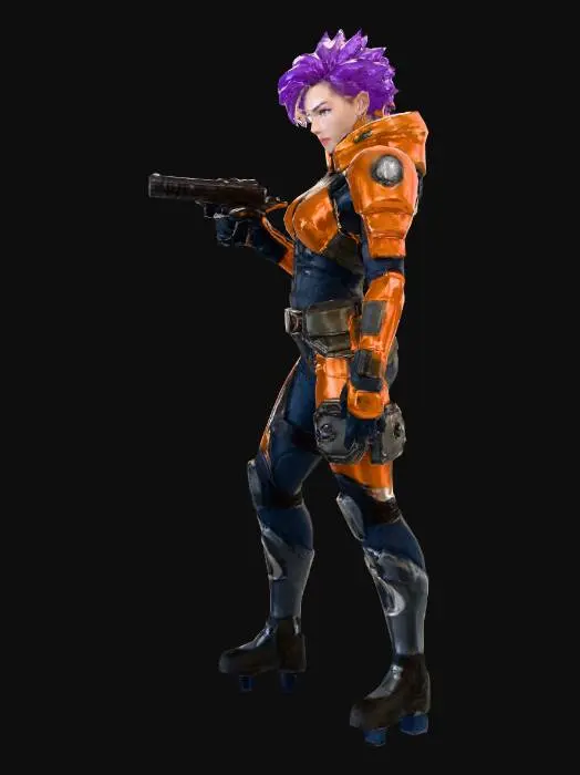 3D model for A full-body 3D model of a tall female sci-fi engineer, age 25, height 190 cm, athletic and tough build with spikey violet hair. 
Wearing industrialorange rust colored power armor with a beautiful silver accent throughout the armor, with two laser pistols attached to a beautiful silver belt, as she intently focuses on the vast city around her
T-pose, game-ready topology, PBR-ready mesh.
Keywords: industrial engineer, dystopian, rugged, exosuit, woman in tech gear.