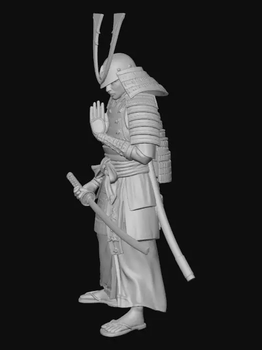 3D model for A praying mantis that is a samurai warrior wielding dual katanas, wearing a subdued black-and-charcoal Edo-period yoroi, almost no gold, only subtle dark-emerald lacquer accents matching its natural chitin, very simple zōri sandals and waraji, plain black silk kyahan, arms in reverent prayer, helmet is a modest zunari-kabuto with single forward-sweeping blade crest resembling a mantis’s hunting strike, background almost pure white with only faint grey bamboo and one falling leaf, very high-contrast sumi-e ink wash style