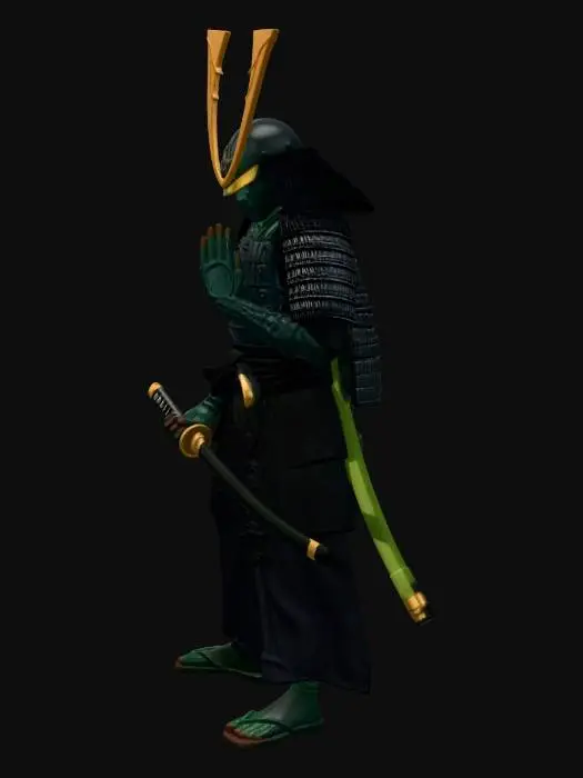 3D model for A praying mantis that is a samurai warrior wielding dual katanas, wearing a subdued black-and-charcoal Edo-period yoroi, almost no gold, only subtle dark-emerald lacquer accents matching its natural chitin, very simple zōri sandals and waraji, plain black silk kyahan, arms in reverent prayer, helmet is a modest zunari-kabuto with single forward-sweeping blade crest resembling a mantis’s hunting strike, background almost pure white with only faint grey bamboo and one falling leaf, very high-contrast sumi-e ink wash style