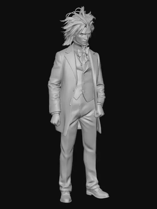 3D model for Gonzo the Great reimagined as Sweeney Todd (Tim Burton style), pale gothic makeup, wild dark hair with a white streak, Victorian barber coat, striped waistcoat, holding a gleaming straight razor. Moody blue-gray lighting, foggy London alley, dramatic shadows, eerie yet whimsical tone, cinematic, highly detailed, dark fantasy character portrait.